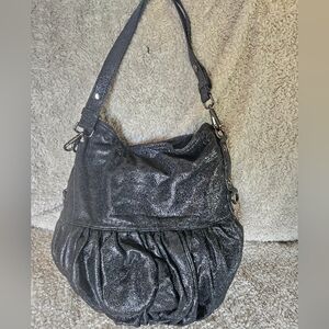 Donald J. Pliner Metallic Black Leather pleated purse Hobo Bag Removable strap